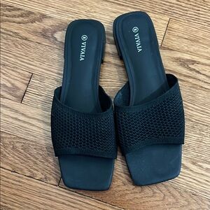 Black Minimalist Slide Sandals with Mesh Strap